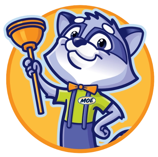 Cartoon raccoon holding a plunger, wearing a bow tie and green shirt with Moe name tag, on orange circle background.