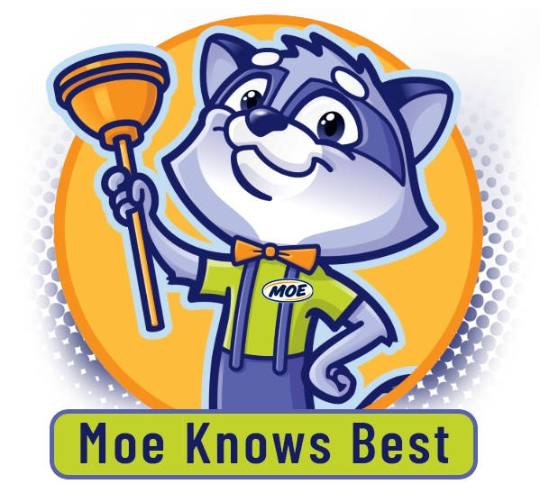 Cartoon dog mascot Moe holding a plunger with Moe Knows Best text below.