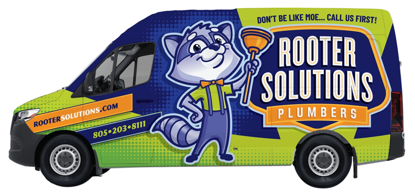 Rooter Solutions plumbing van with mascot and contact info, highlighting professional service.