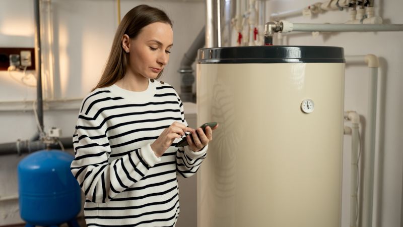 Woman using smartphone near water heater in utility room.