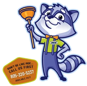 Cartoon raccoon plumber holding a plunger with a phone number for 24/7 plumbing services displayed.