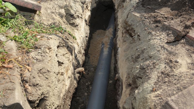 Underground PVC pipe installation in a trench for drainage or plumbing infrastructure.